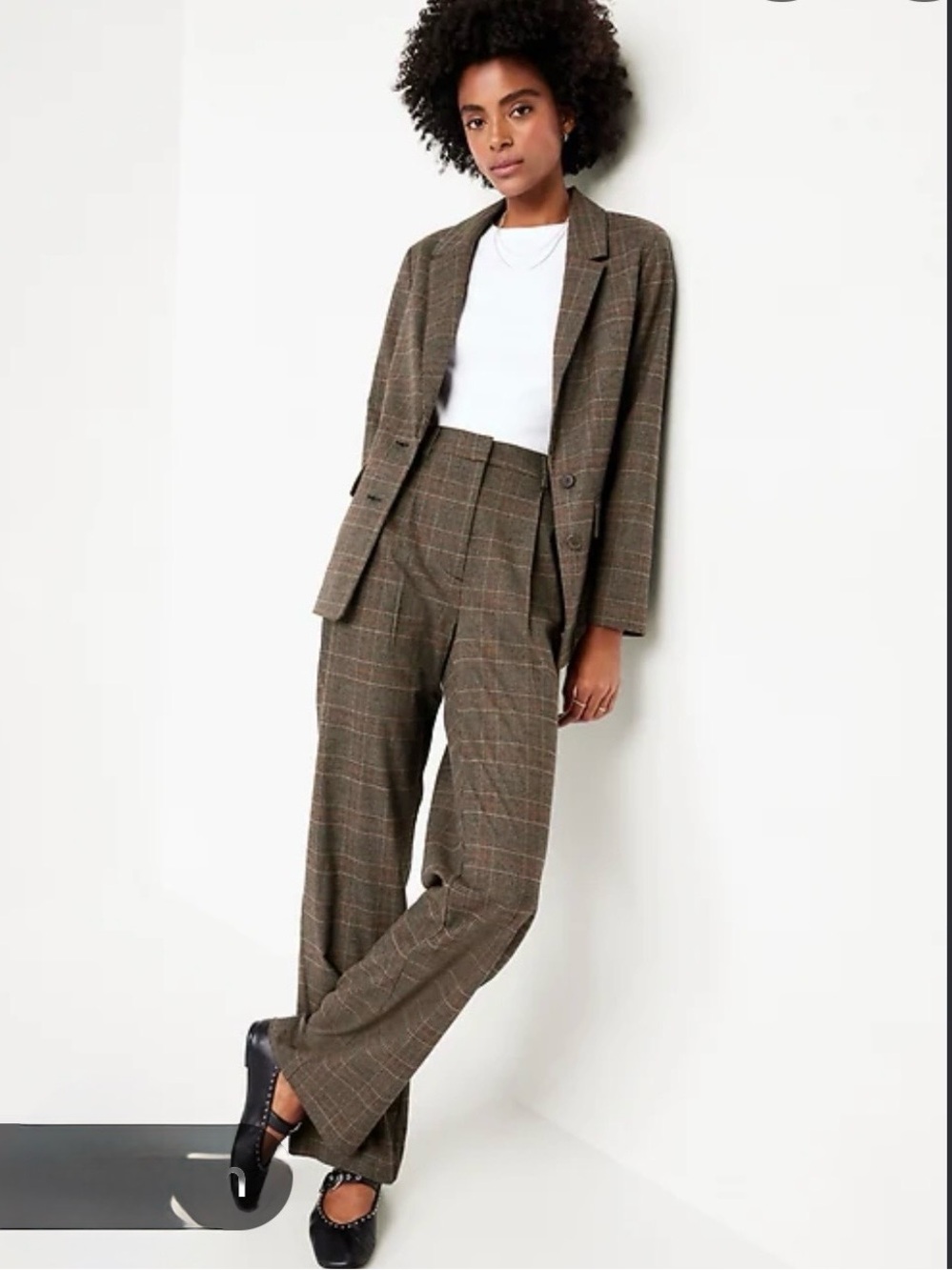 Checked Wide-Leg Tailored Pants in Olive Brown and Relax Twill blazer
